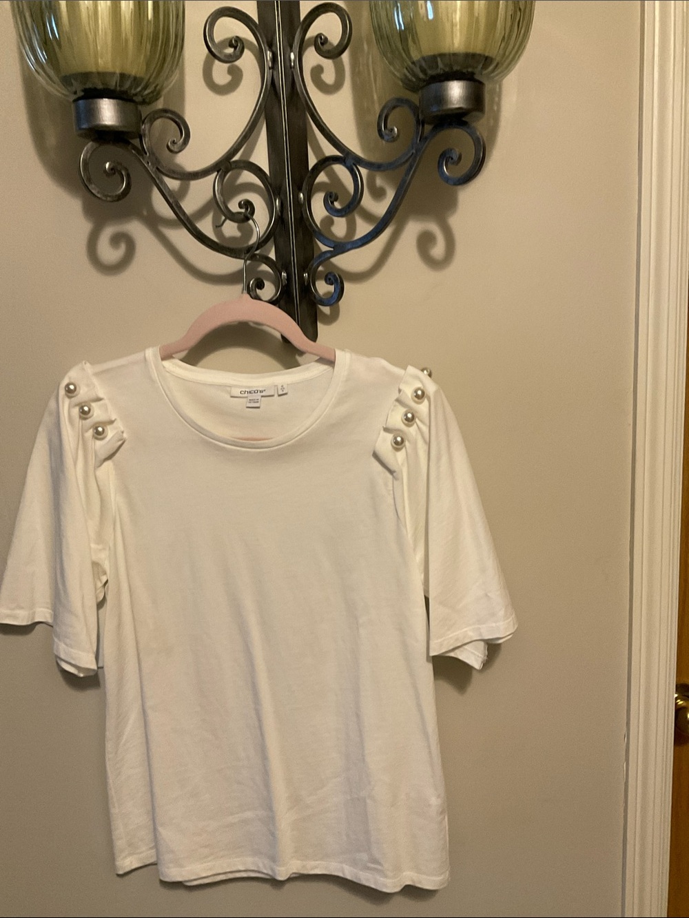 Women's White Pearl-Shoulder Short Sleeve Top